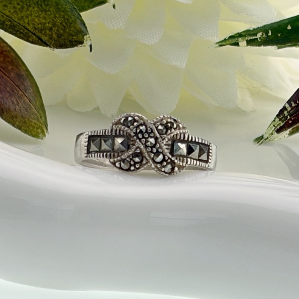 Vintage Sterling Silver 925 Marcasite Ring Size 5 1/2 5.5 Bow Knot Art Deco - Picture 5 of 11